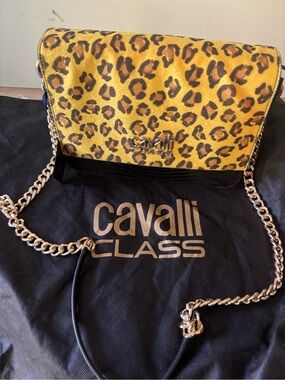 Cavalli Class Leopard Print Crossbody Bag in Yellow and Brown
